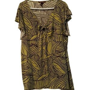 Y2K Vintage Green and brown leaf print O ring Short sleeve top Asymmetrical hem